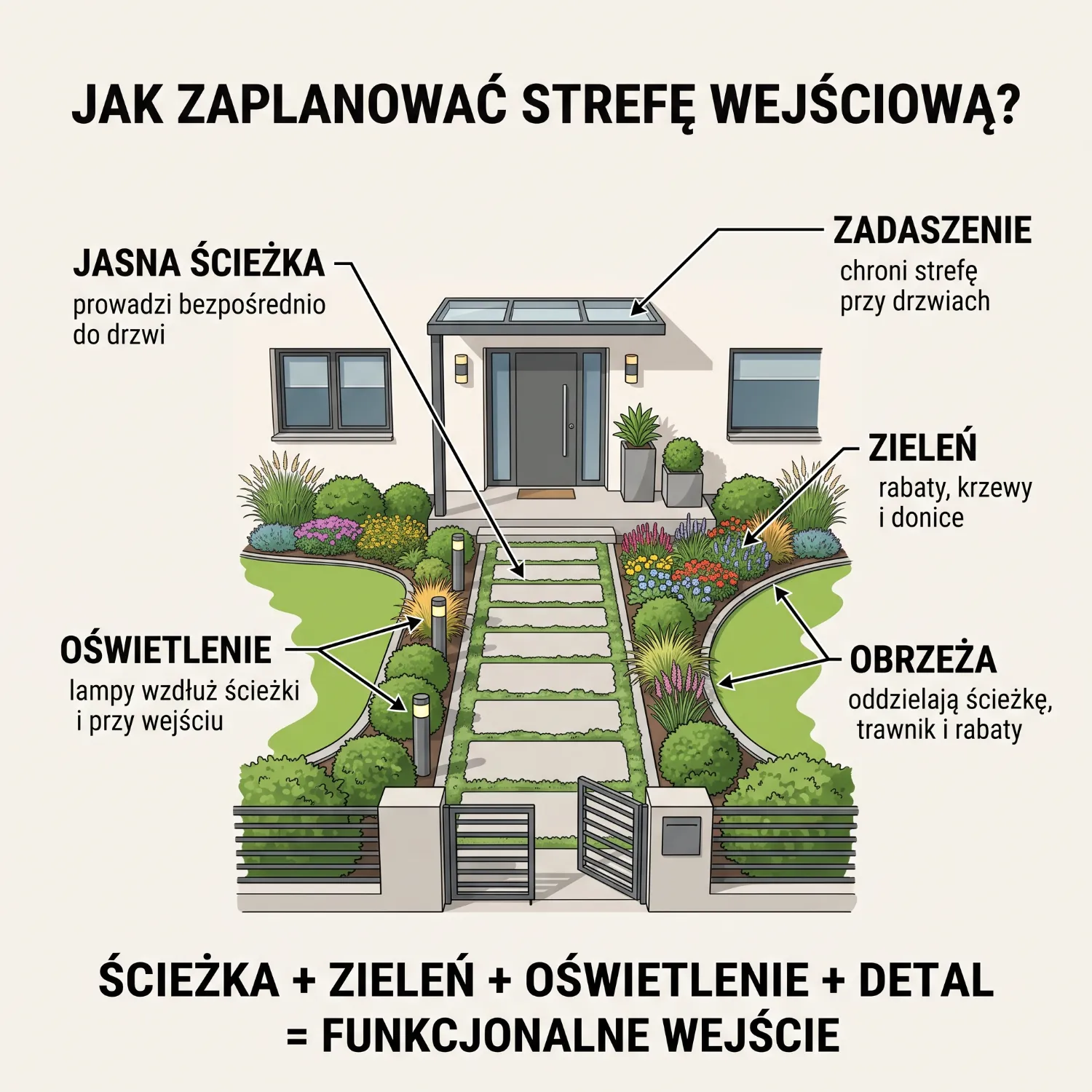 Nowoczesne wejście do domu jednorodzinnego z kamienną ścieżką, roślinami w donicach i ciepłym oświetleniem.